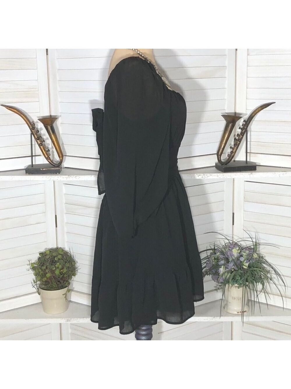 Y2K style Dress black chiffon Cocktail Lantern Sleeves whimsigoth witch boho L - Picture 5 of 11